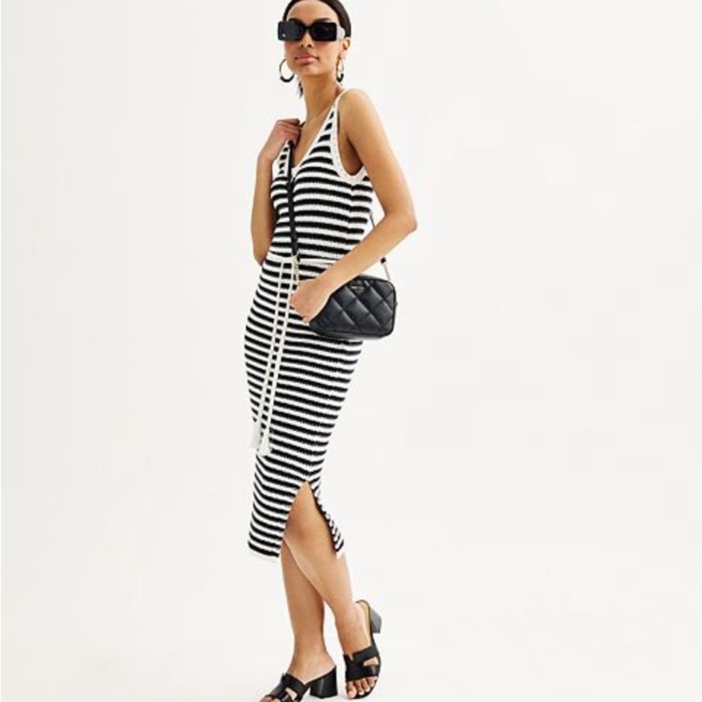 - Nine West Crochet Maxi Dress, Black & White Stripe Sleeveless Sweater Dress, S